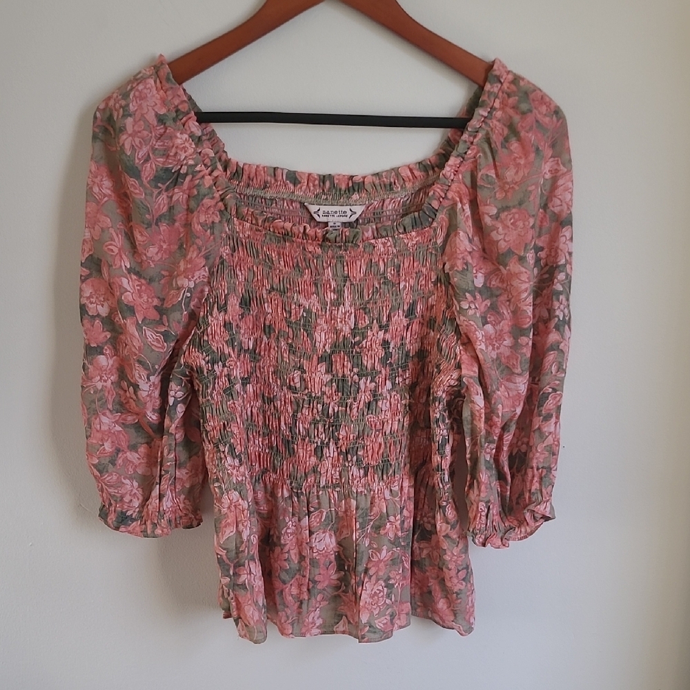 Nanette LePore Pink and Green Puff Sleeve Blouse